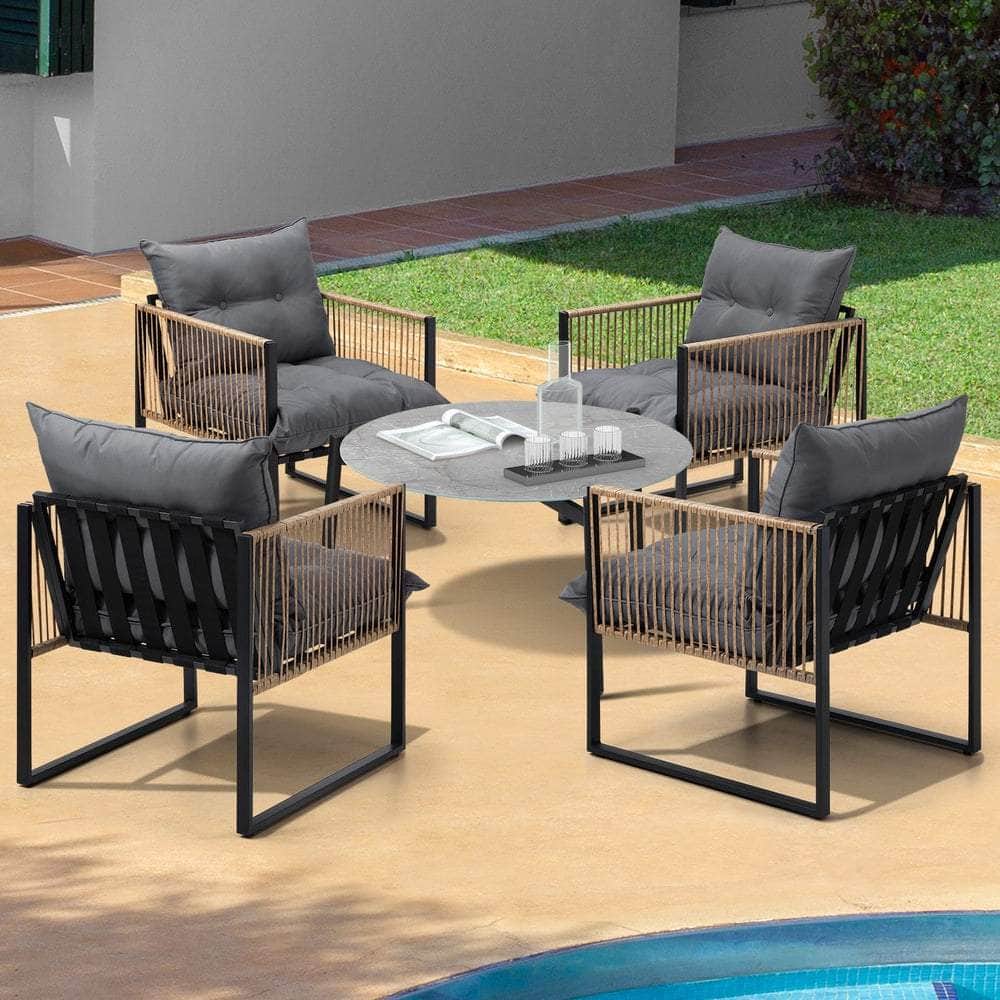 5PCS Outdoor Patio Set with White & Grey Rattan Chairs & 70cm Coffee Table Garden