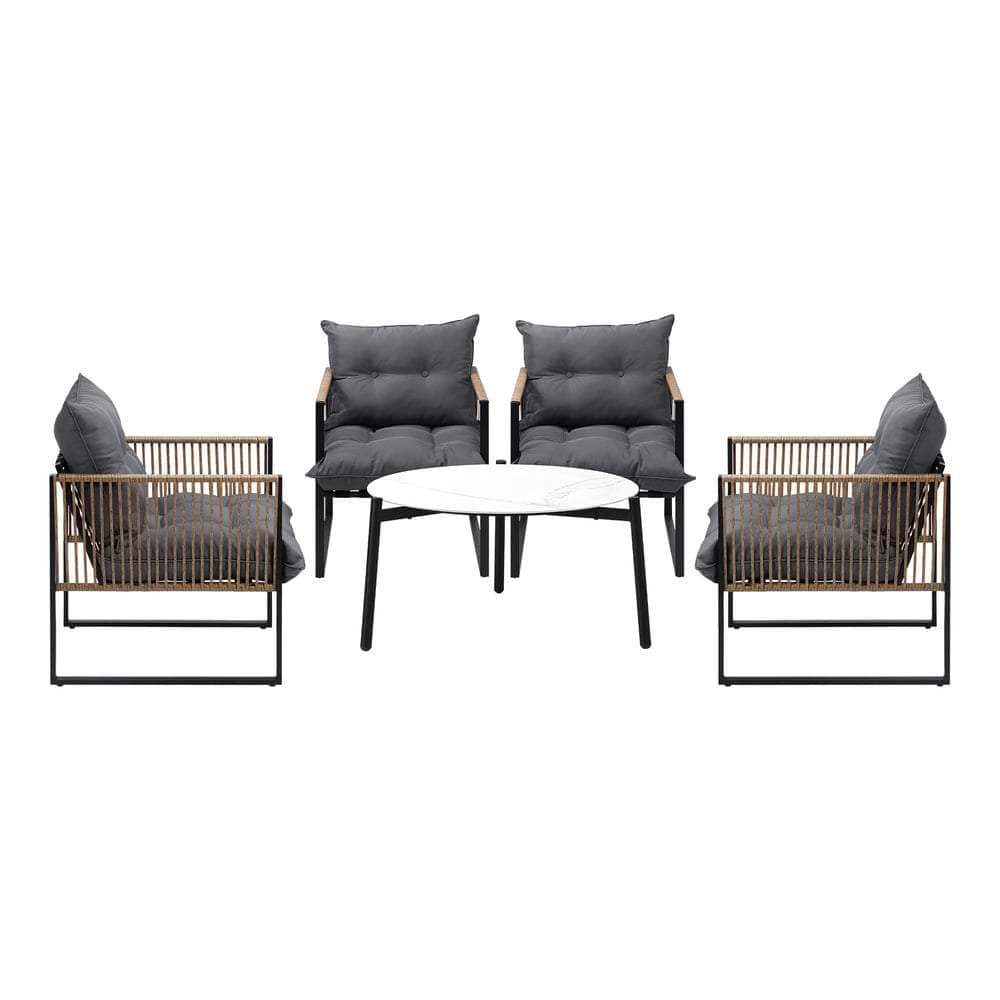 5PCS Outdoor Patio Set with White & Grey Rattan Chairs & 70cm Coffee Table Garden