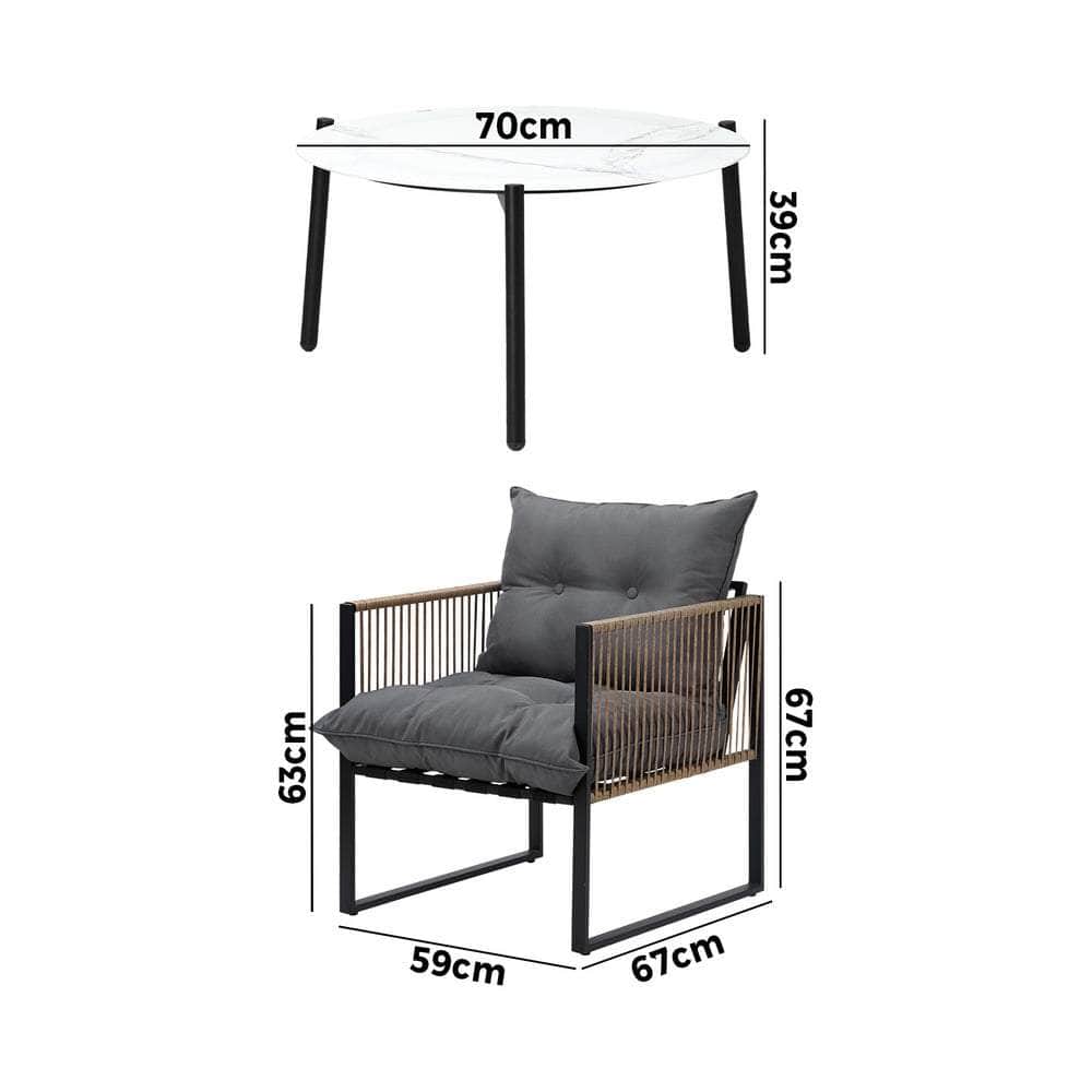 5PCS Outdoor Patio Set with White & Grey Rattan Chairs & 70cm Coffee Table Garden