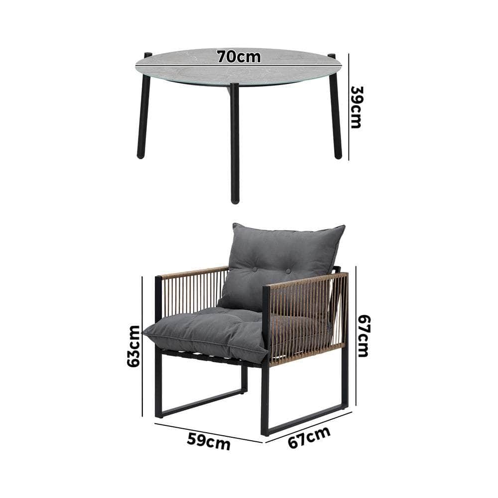5PCS Outdoor Patio Set with White & Grey Rattan Chairs & 70cm Coffee Table Garden