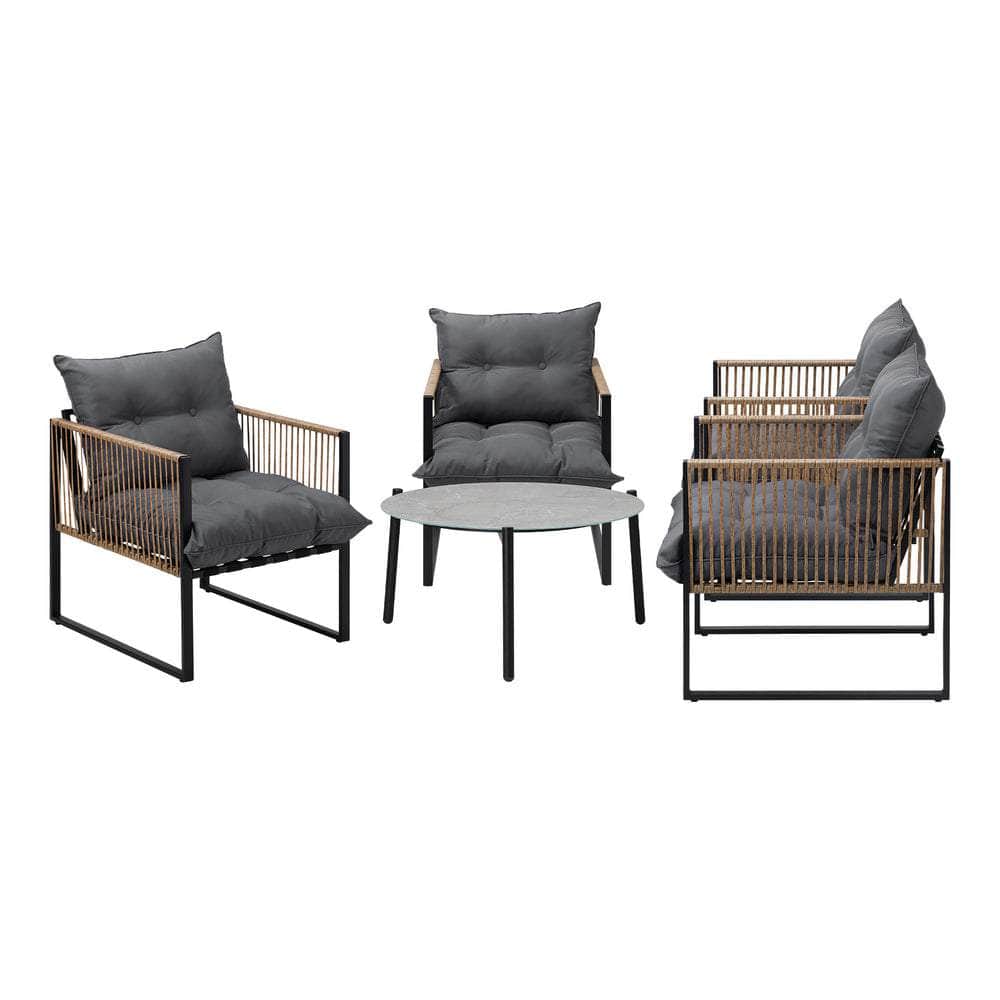 5PCS Outdoor Patio Set with White & Grey Rattan Chairs & 70cm Coffee Table Garden