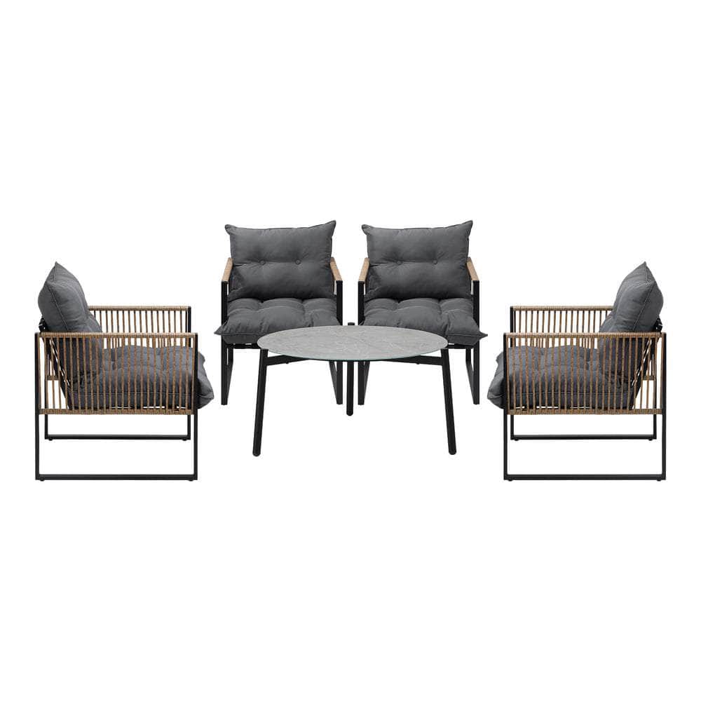 5PCS Outdoor Patio Set with White & Grey Rattan Chairs & 70cm Coffee Table Garden