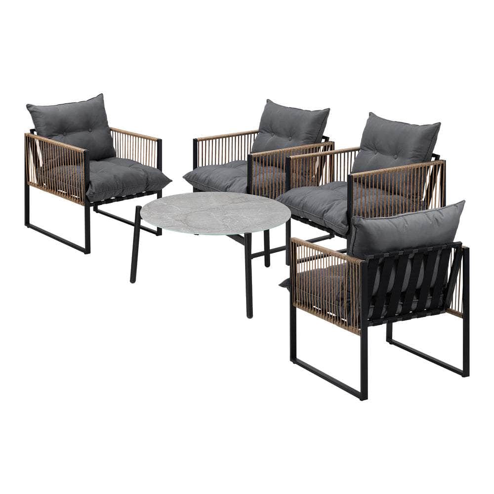 5PCS Outdoor Patio Set with White & Grey Rattan Chairs & 70cm Coffee Table Garden