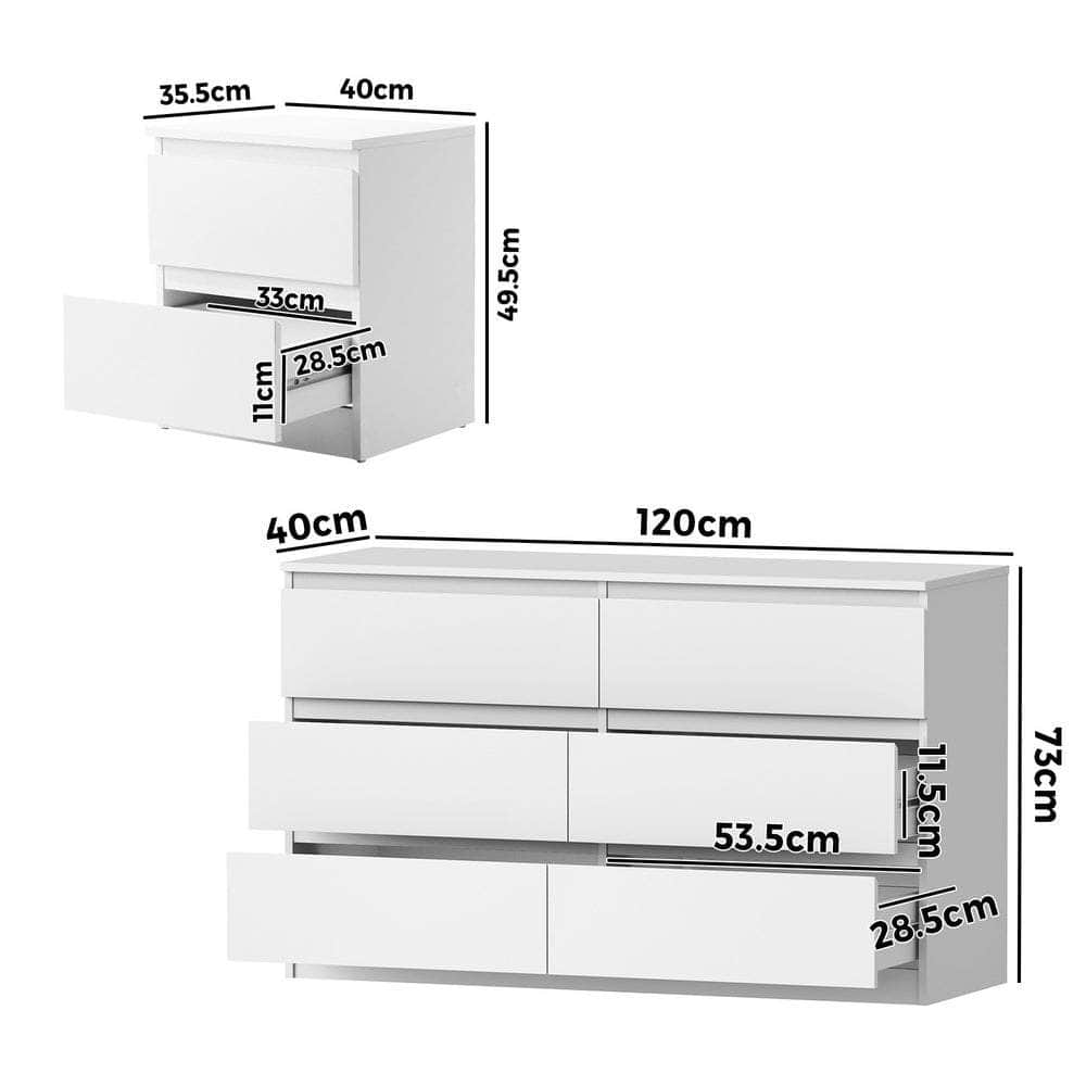 6 Chest of Drawers and Bedside Table Cabinet Bedroom Set