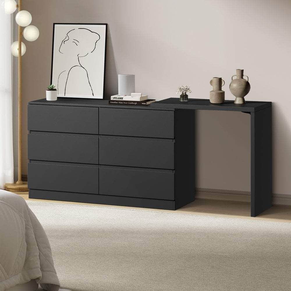 6 Chest of Drawers Dresser with Side Table Black
