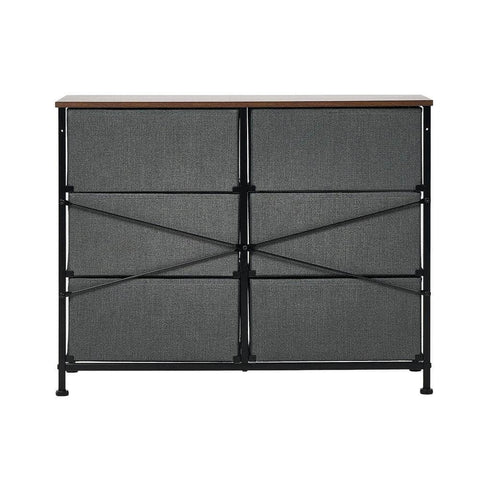 6 Chest of Drawers Fabric Grey Wooden Tabletop