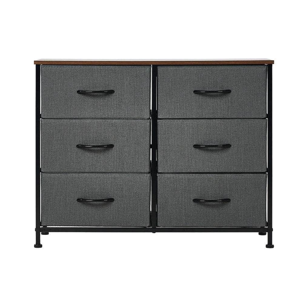 6 Chest of Drawers Fabric Grey Wooden Tabletop