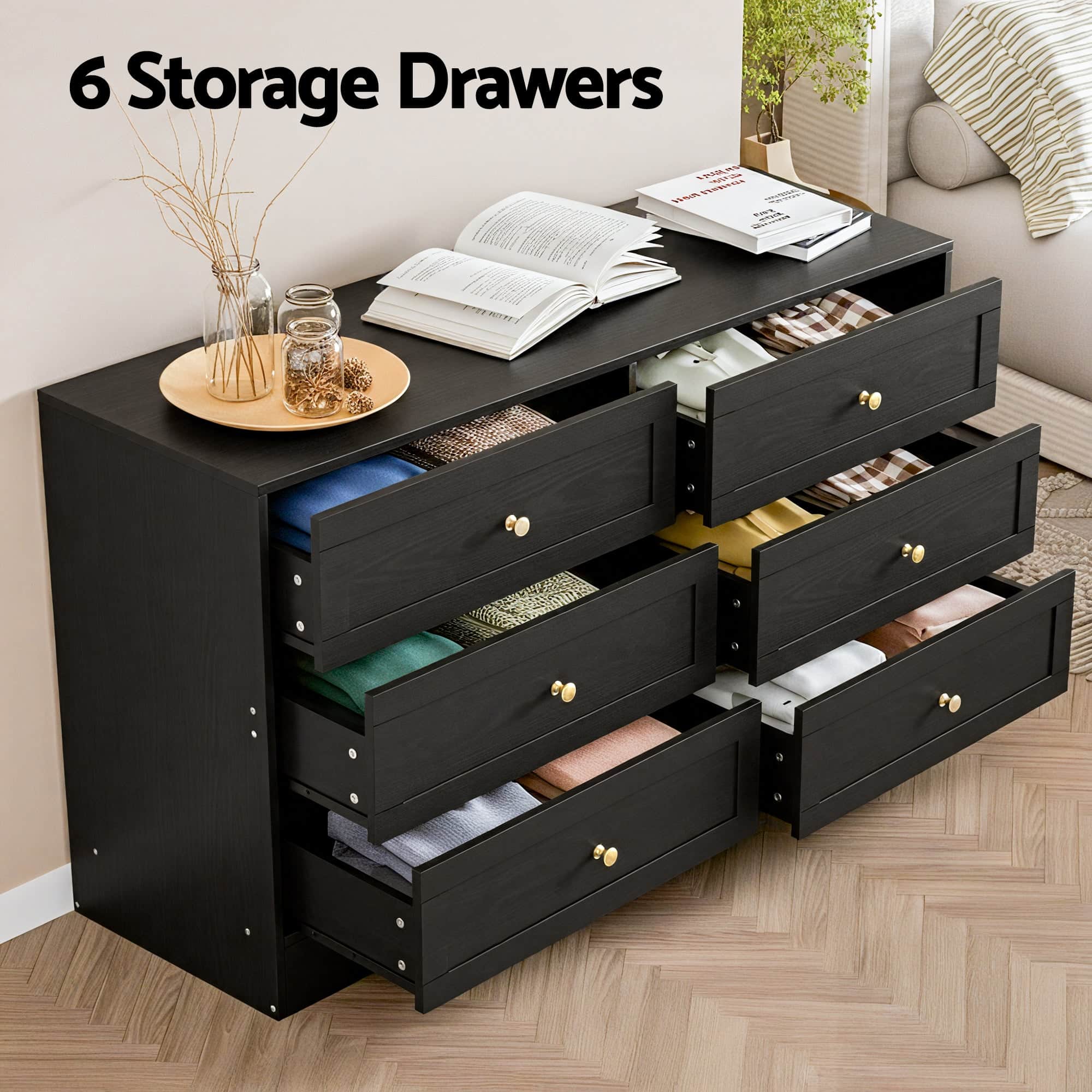 6-Drawer Chest of Drawers Black Tallboy Cabinet with Metal Handles