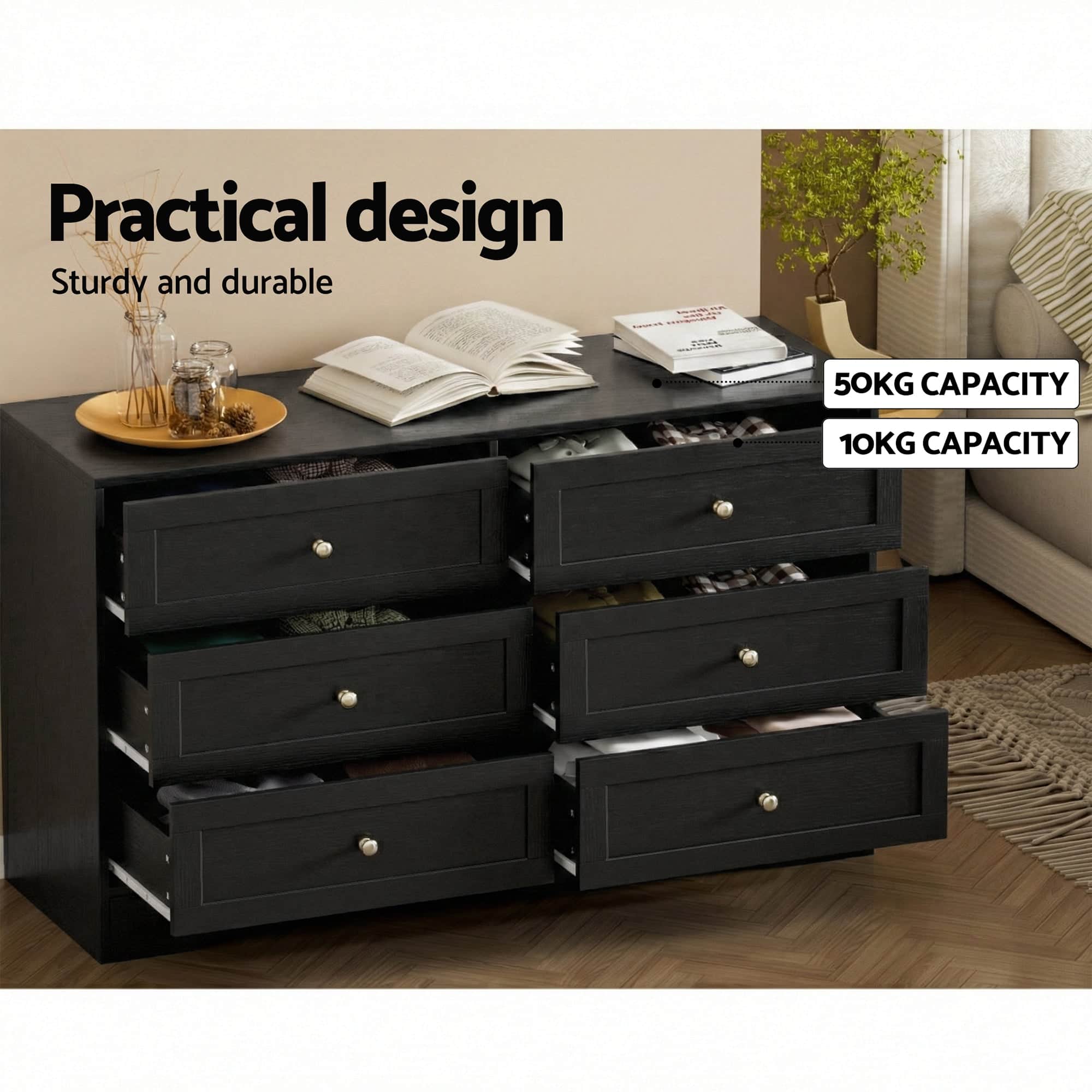 6-Drawer Chest of Drawers Black Tallboy Cabinet with Metal Handles