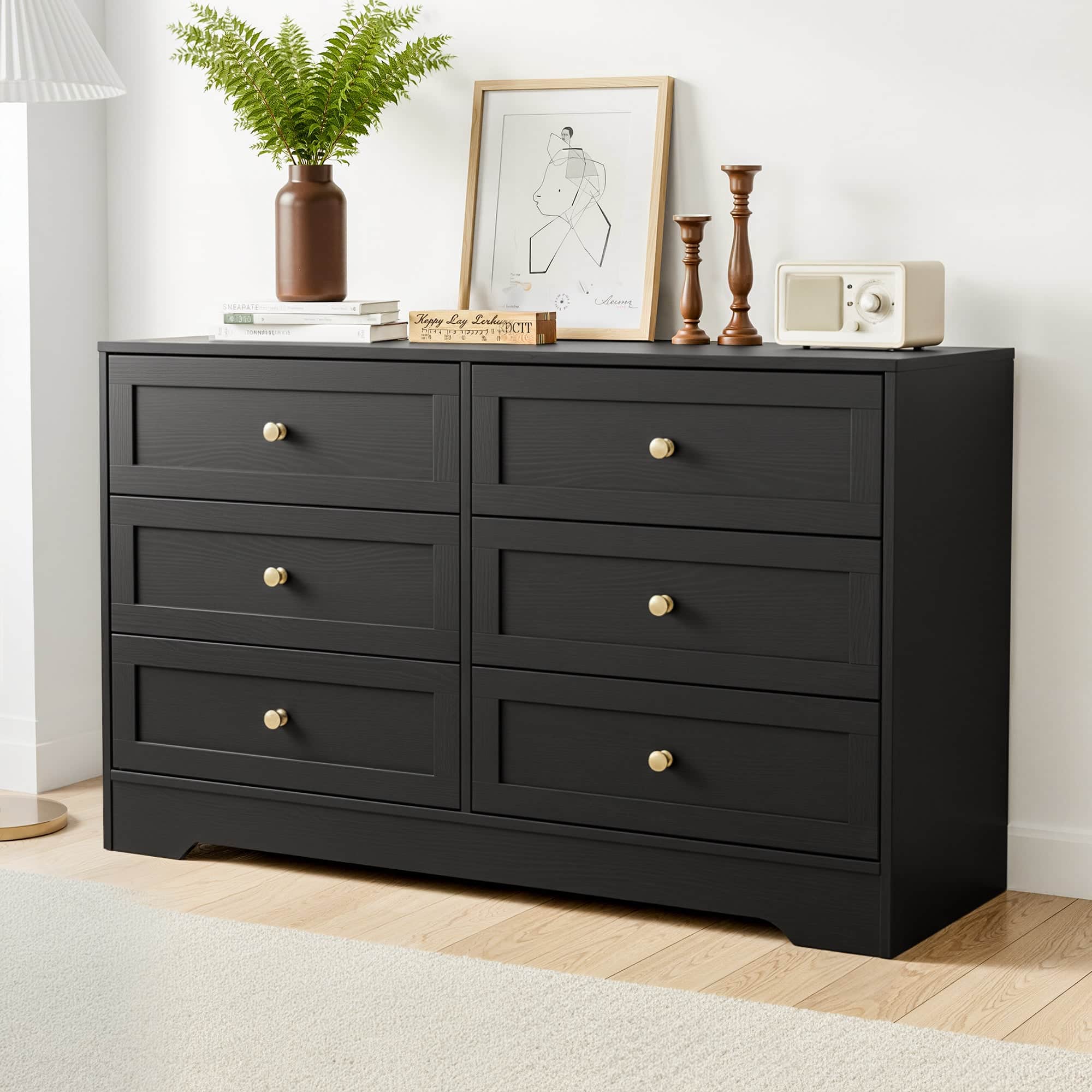 6-Drawer Chest of Drawers Black Tallboy Cabinet with Metal Handles