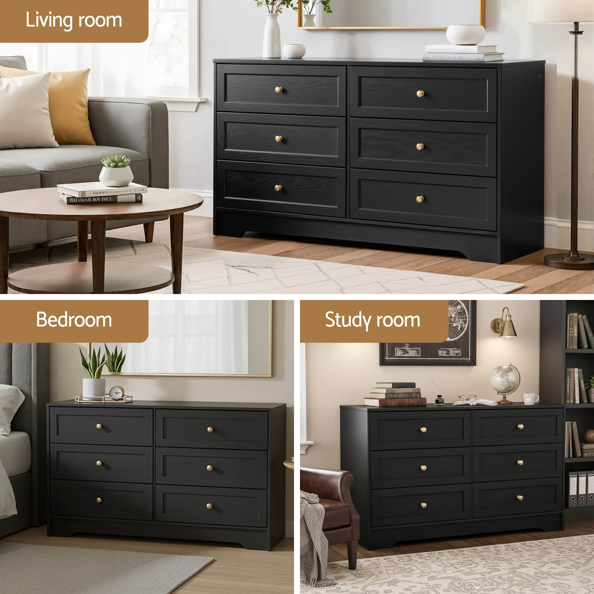6-Drawer Chest of Drawers Black Tallboy Cabinet with Metal Handles