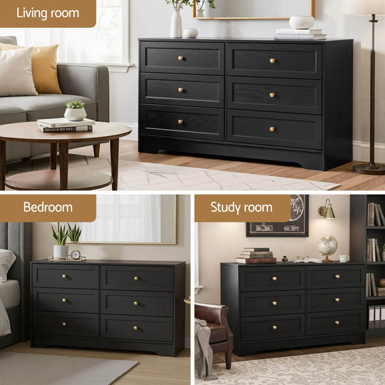 6-Drawer Chest of Drawers Black Tallboy Cabinet with Metal Handle, Metal finish