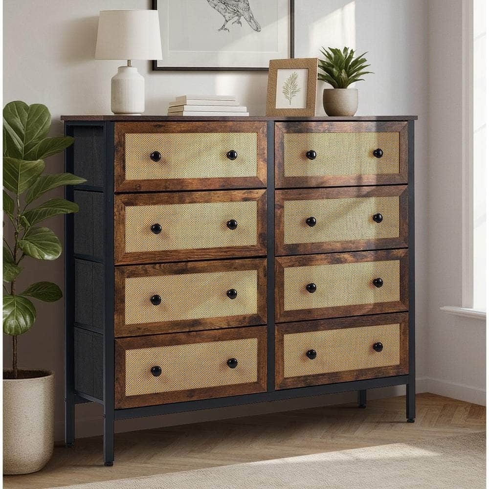 6-Drawer Chest Rattan Fabric Dresser Tallboy Retro Vintage Bedroom Storage