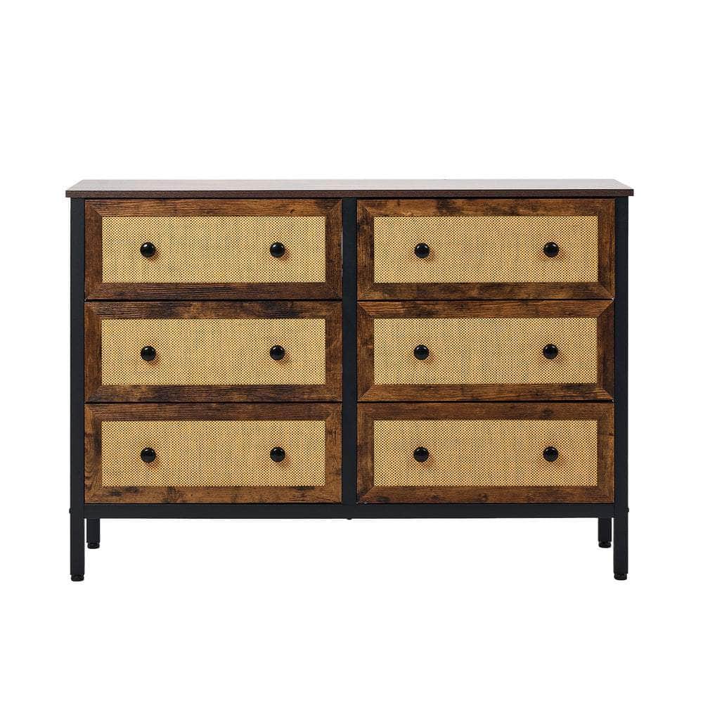 6-Drawer Chest Rattan Fabric Dresser Tallboy Retro Vintage Bedroom Storage