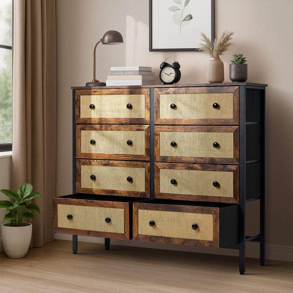 6-Drawer Chest Rattan Fabric Dresser Tallboy Retro Vintage Bedroom Storage