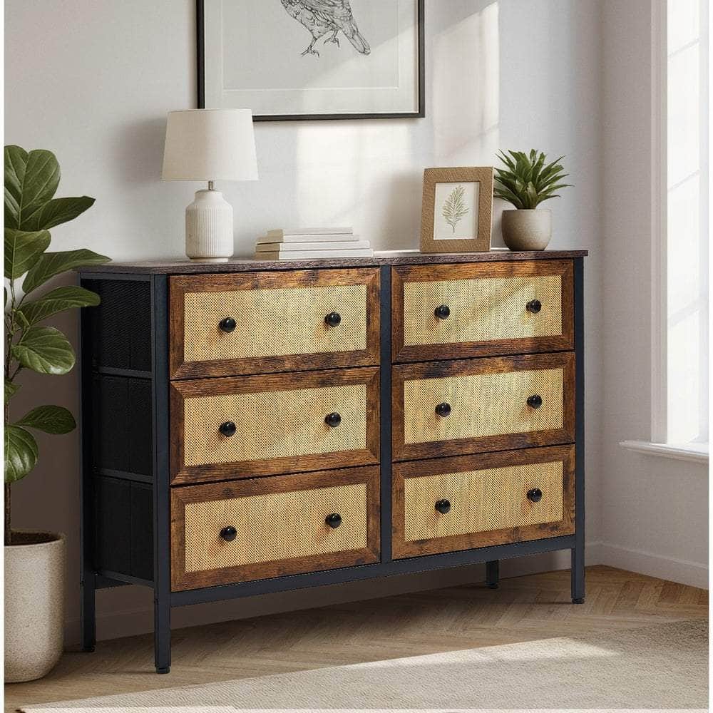 6-Drawer Chest Rattan Fabric Dresser Tallboy Retro Vintage Bedroom Storage