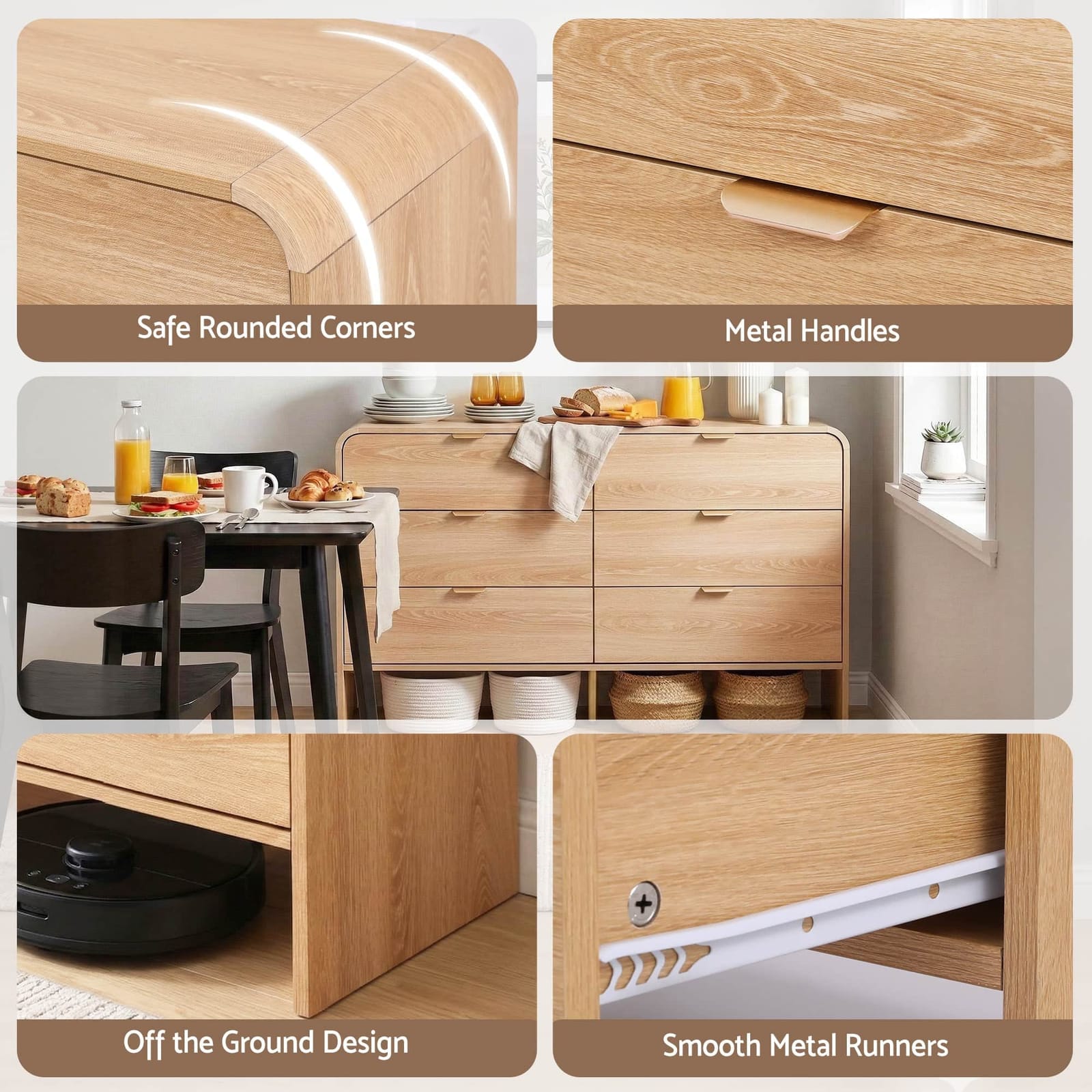 Pine finish - 6 Drawer Pine Dresser Cabinet with Golden Handles Smooth Sliding Drawers - photo 12