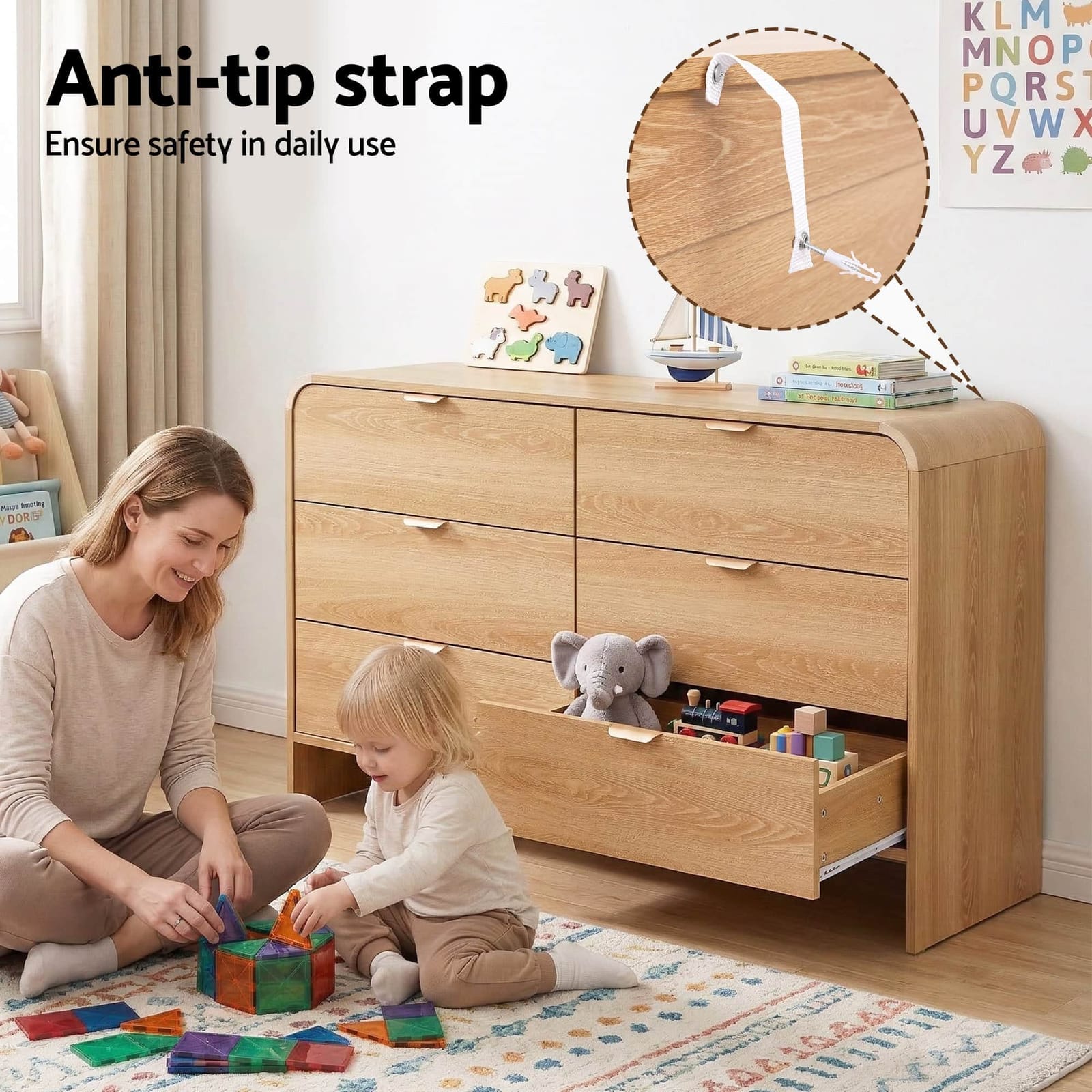 6 Drawer - 6 Drawer Pine Dresser Cabinet with Golden Handles Smooth Sliding Drawers - photo 11