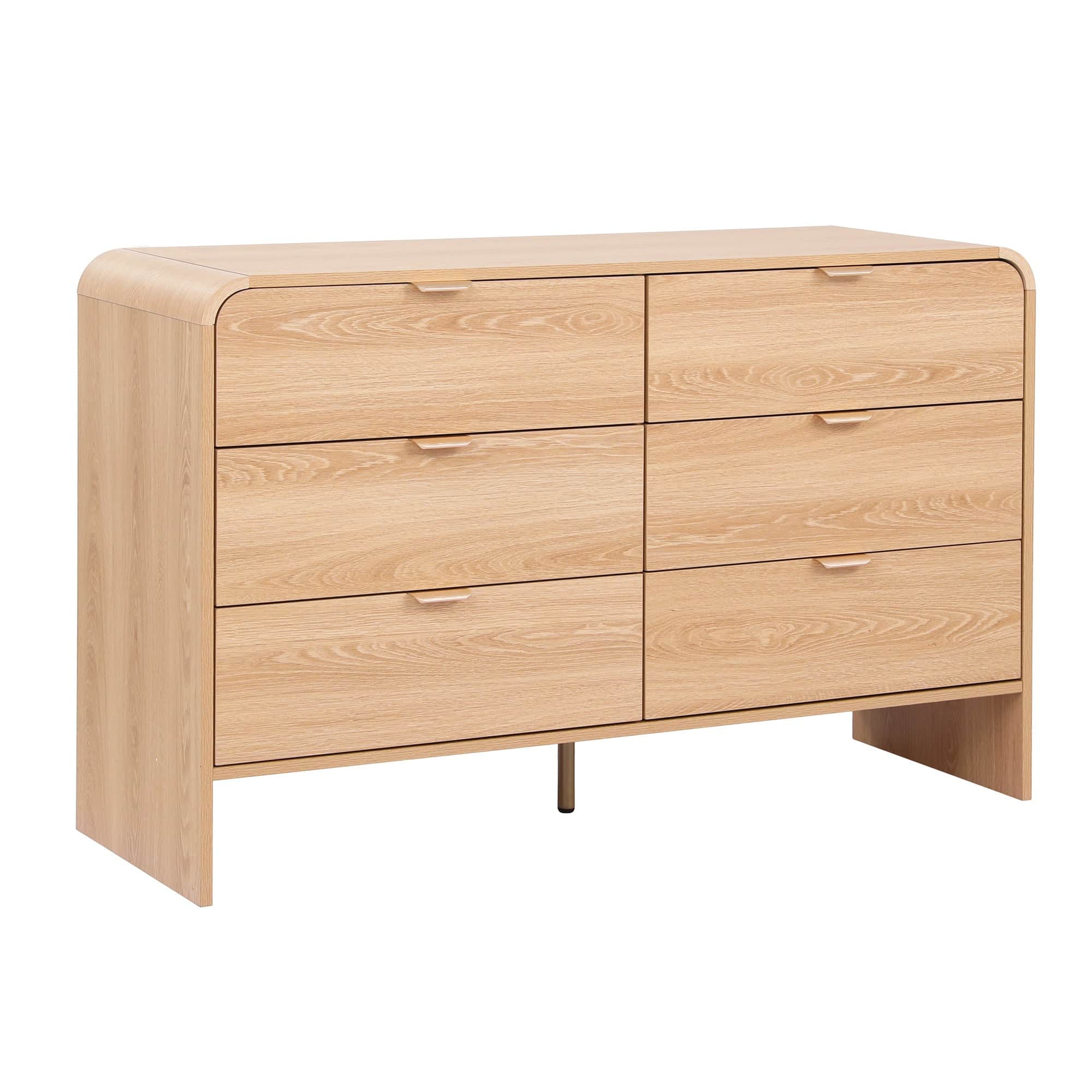 6-Drawer Pine Dresser Cabinet with Golden Handles Smooth Sliding Drawers