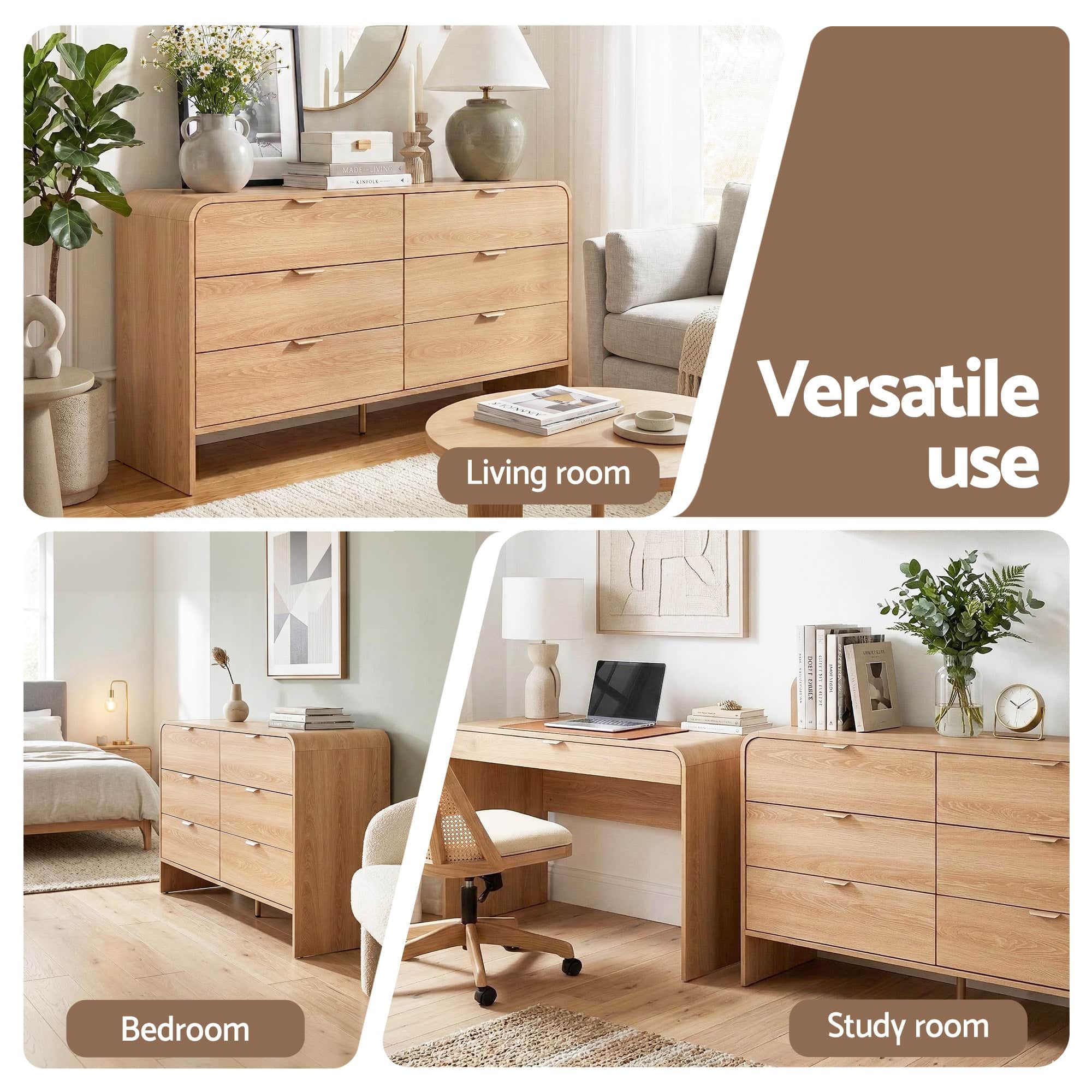 6-Drawer Pine Dresser Cabinet with Golden Handles Smooth Sliding Drawers
