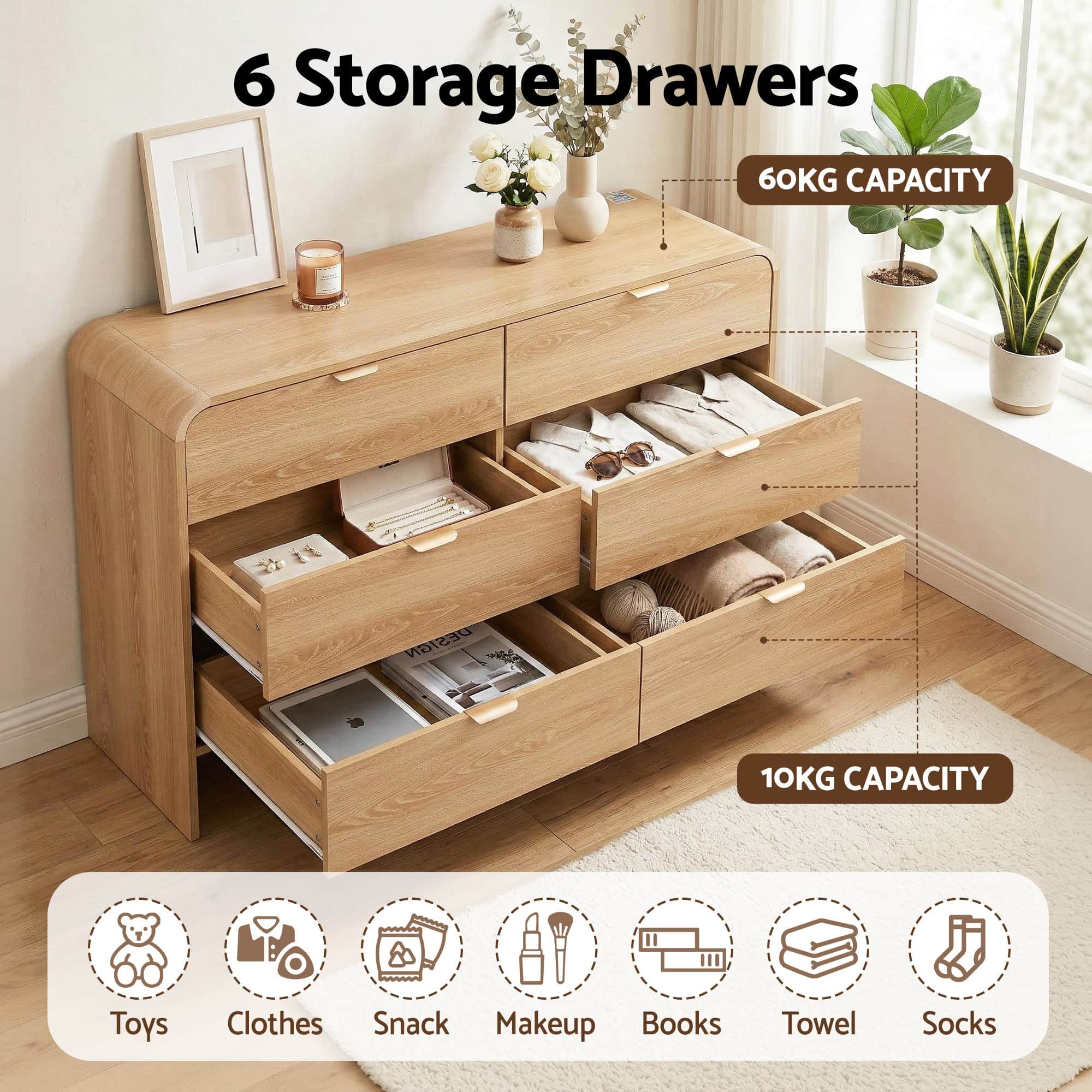 6-Drawer Pine Dresser Cabinet with Golden Handles Smooth Sliding Drawers