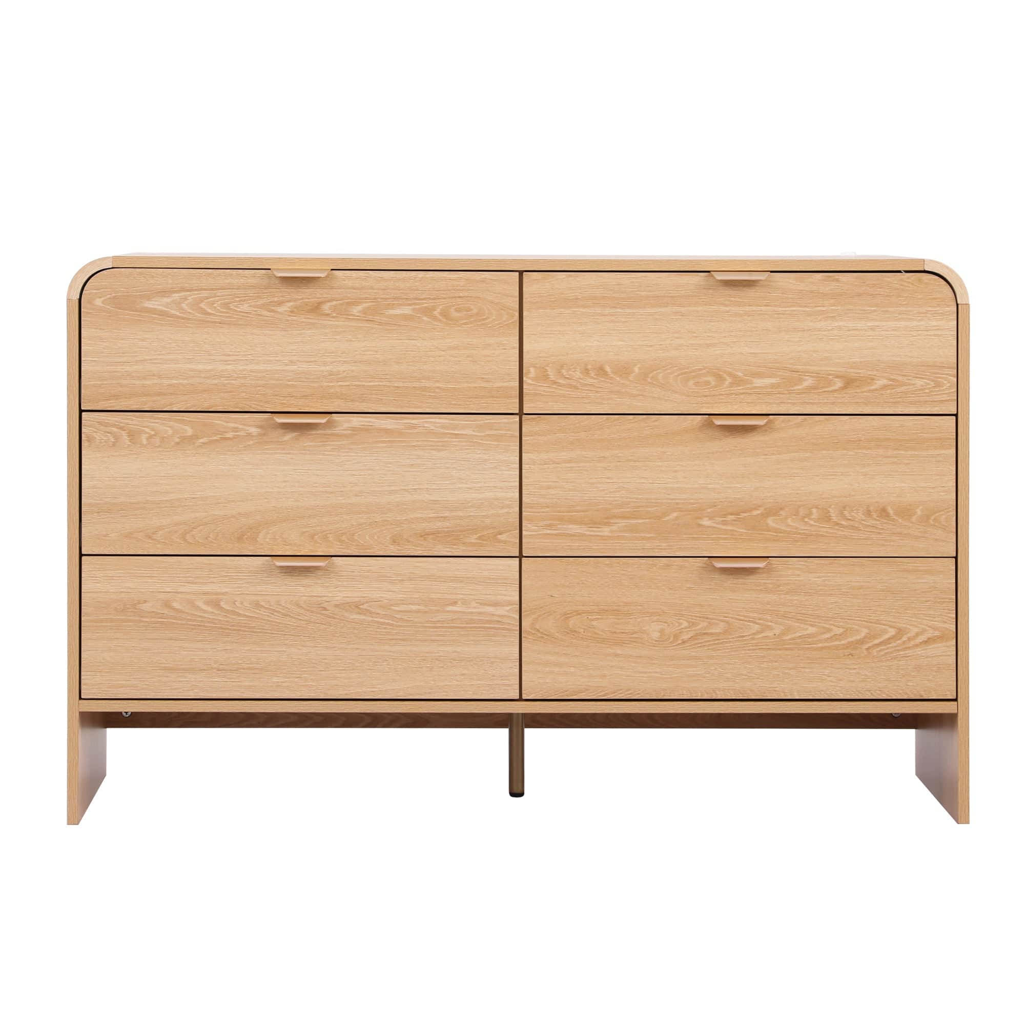 6-Drawer Pine Dresser Cabinet with Golden Handles Smooth Sliding Drawers
