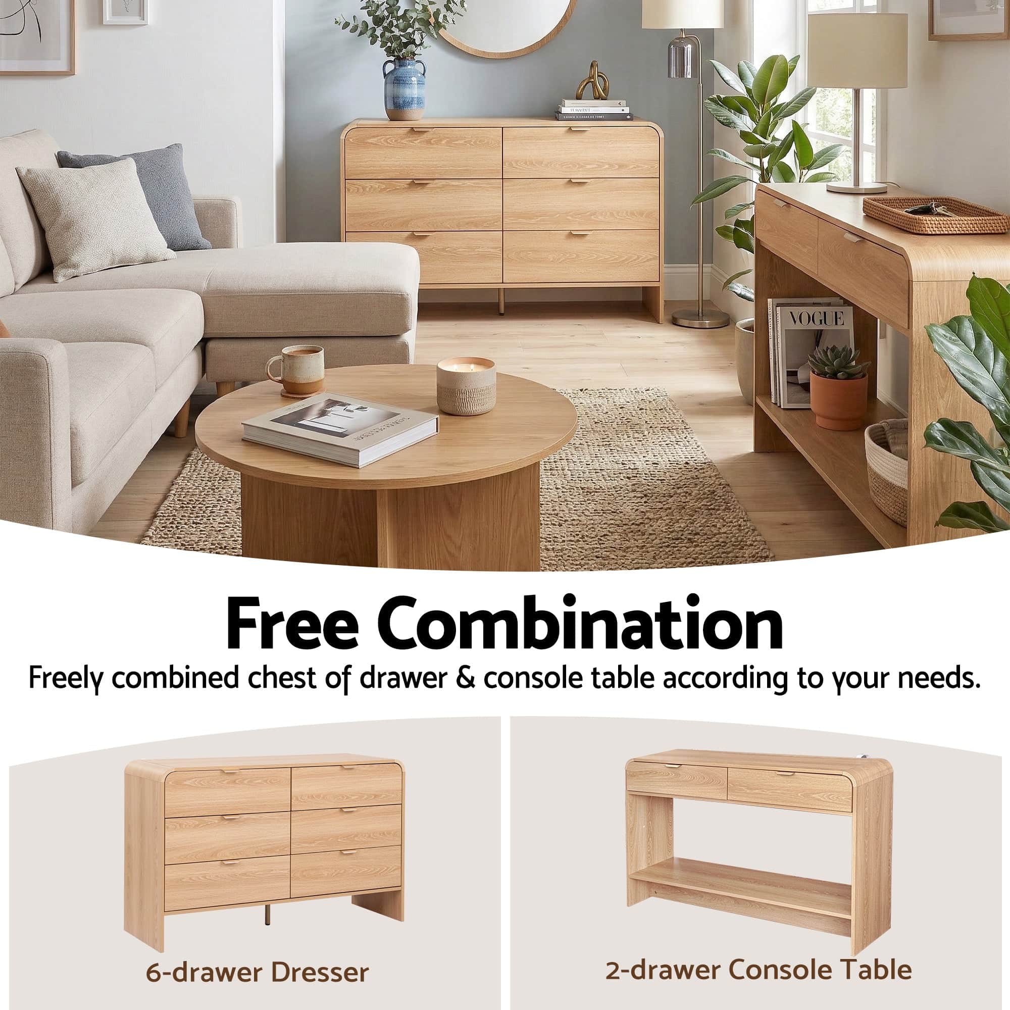 6-Drawer Pine Dresser Cabinet with Golden Handles Smooth Sliding Drawers