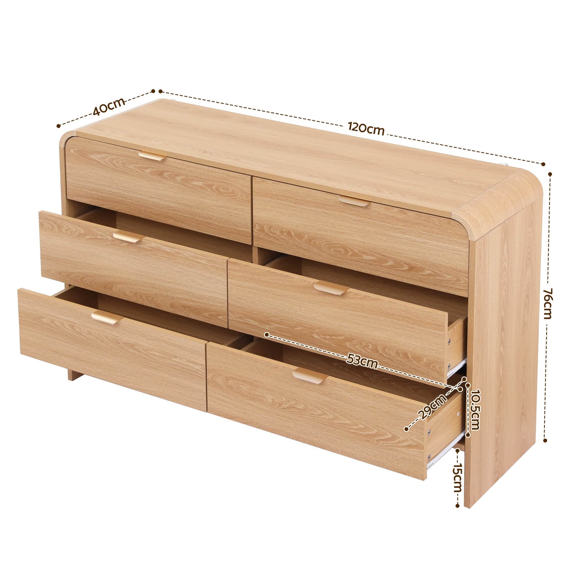 6-Drawer Pine Dresser Cabinet with Golden Handles Smooth Sliding Drawers