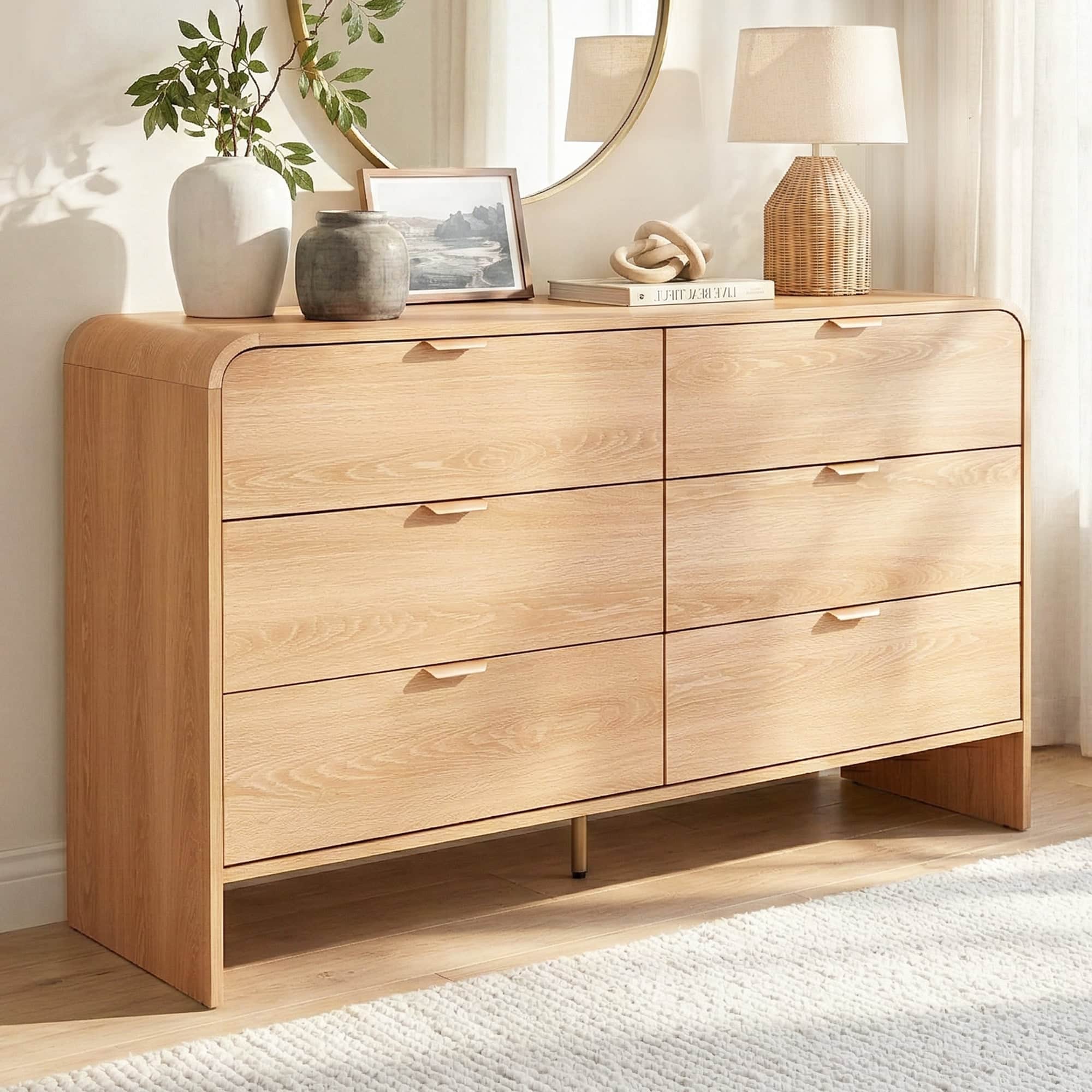 6-Drawer Pine Dresser Cabinet with Golden Handles Smooth Sliding Drawers