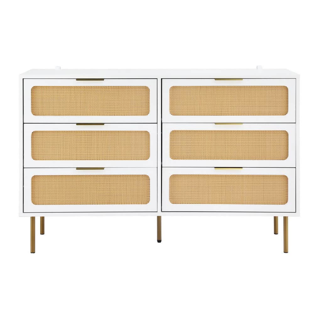 6-Drawer White Chest Lowboy Cabinet Modern Bedroom Storage Unit