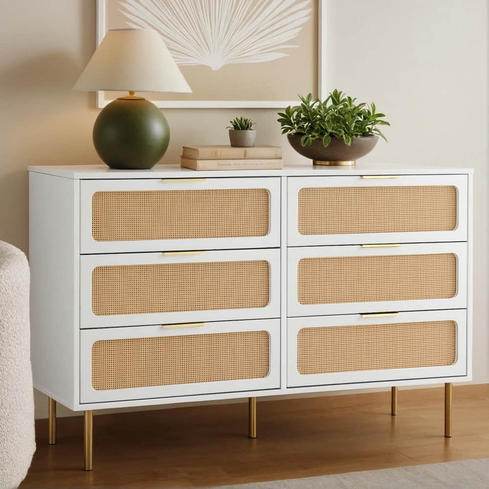 6-Drawer White Chest Lowboy Cabinet Modern Bedroom Storage Unit