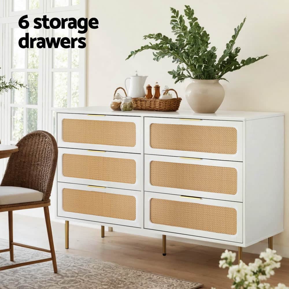 6-Drawer White Chest Lowboy Cabinet Modern Bedroom Storage Unit