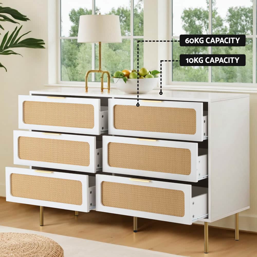 6-Drawer White Chest Lowboy Cabinet Modern Bedroom Storage Unit