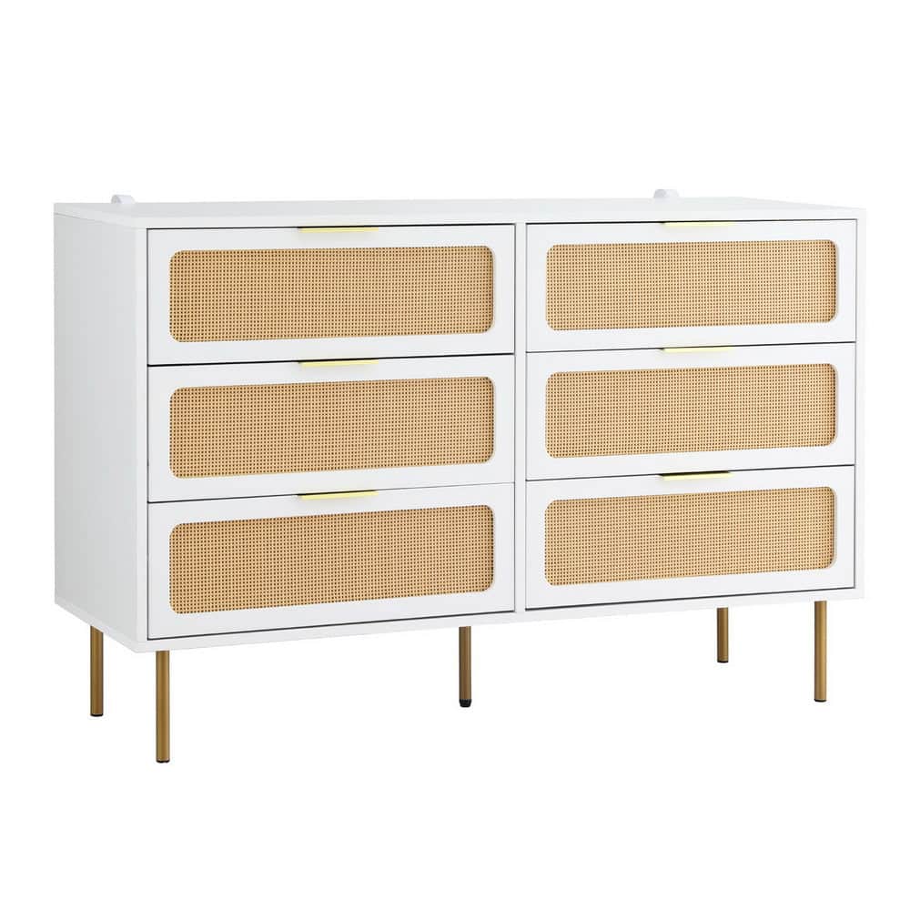 6-Drawer White Chest Lowboy Cabinet Modern Bedroom Storage Unit