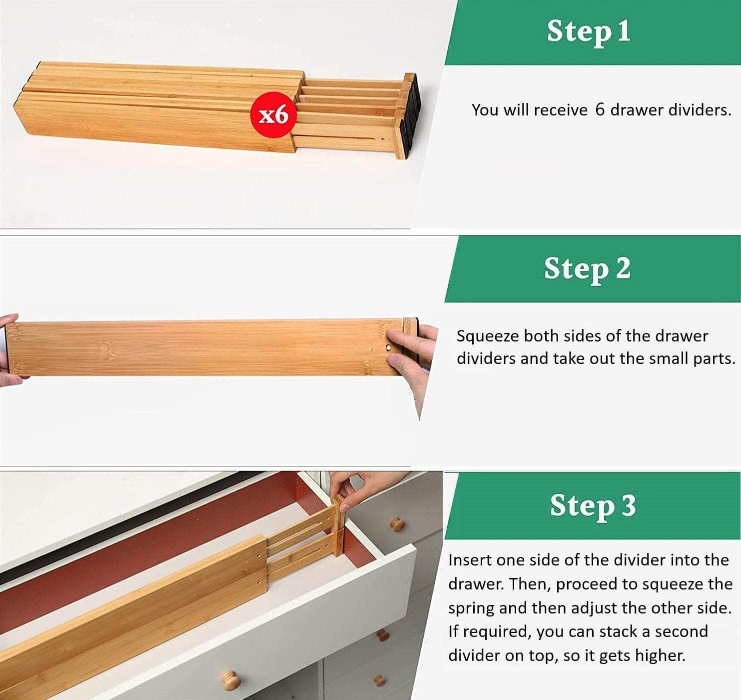 6 Pack Bamboo Adjustable Kitchen Drawer Dividers (Large, 44-55 Cm)
