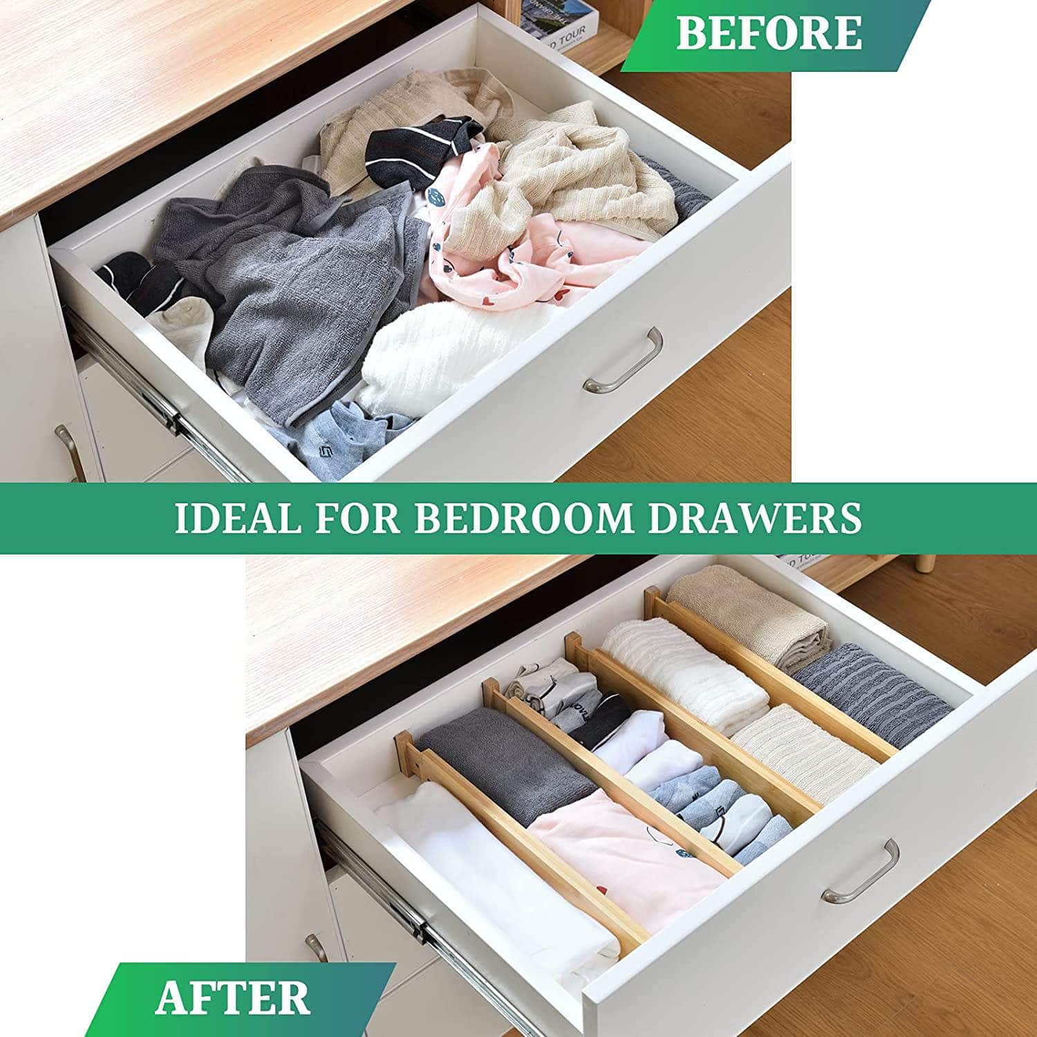 6 Pack Bamboo Adjustable Kitchen Drawer Dividers (Large, 44-55 Cm)
