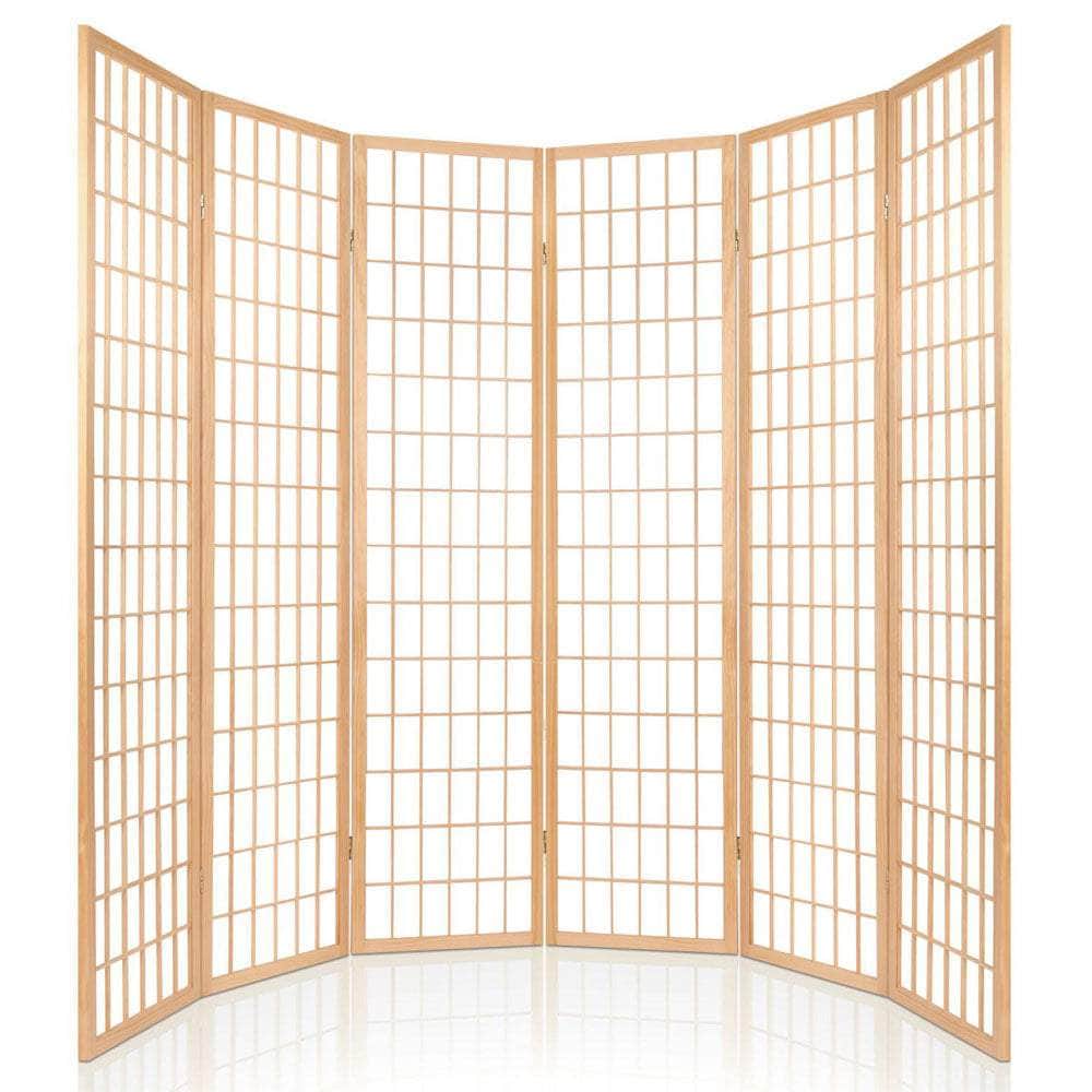6 Panel Room Divider Privacy Screen Foldable Pine Wood Stand Natural