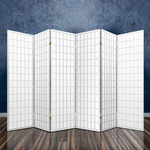 6 Panel Room Divider Privacy Screen Foldable Pine Wood Stand White