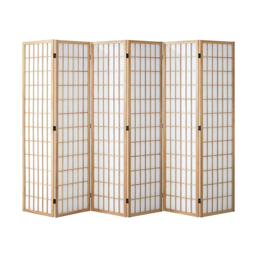 6 Panel Room Divider Timber Farbic Natural, Natural colour