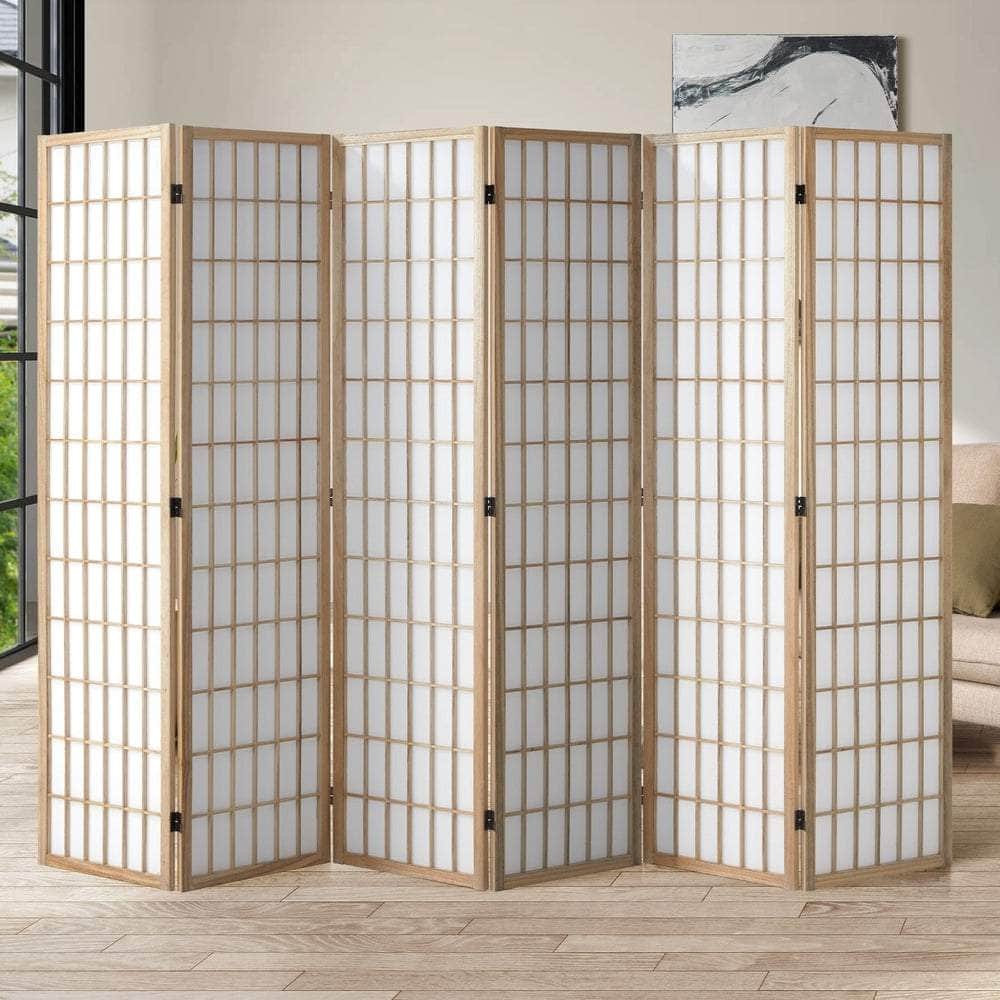 Room Divider - 6 Panel Room Divider Timber Farbic Natural