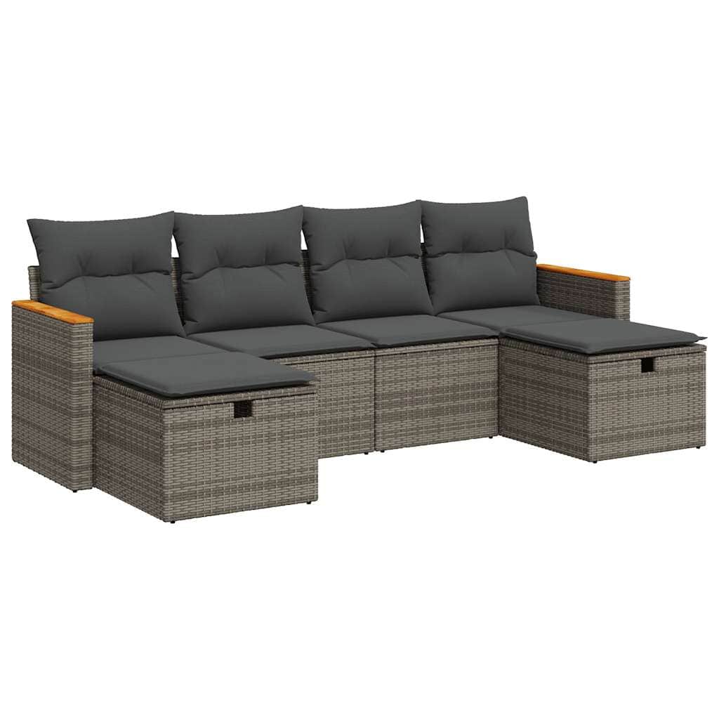 6 Pcs - 6 Pcs Garden Sofa Set with Cushions Grey Poly Rattan - Garden Comfort