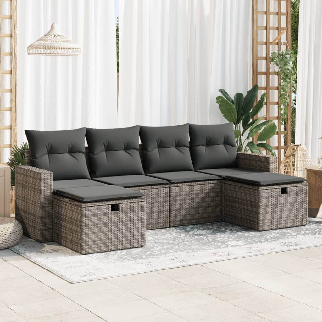 6 Pcs Garden Sofa Set with Cushions Grey Poly Rattan - Garden Comfort, 6 Pcs