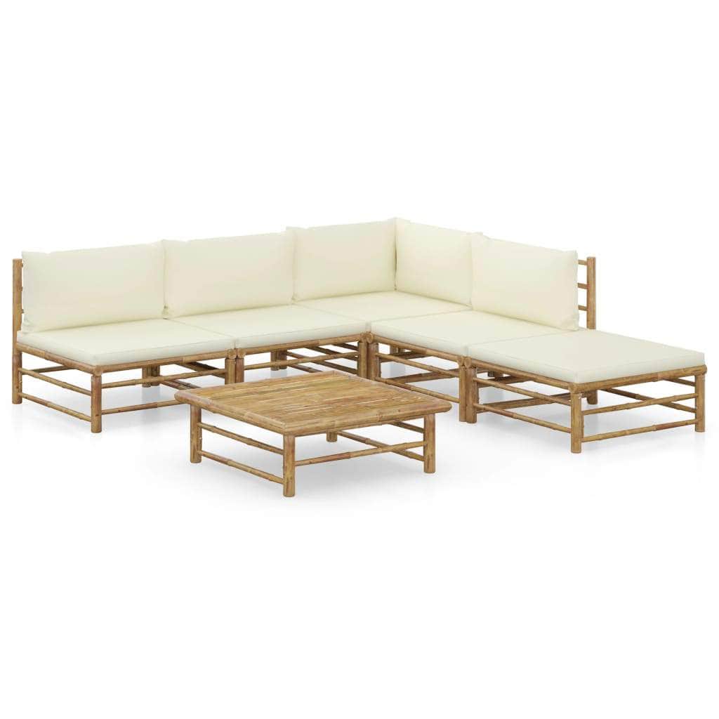 6 Piece Garden Lounge Set with Cream White Cushions Bamboo