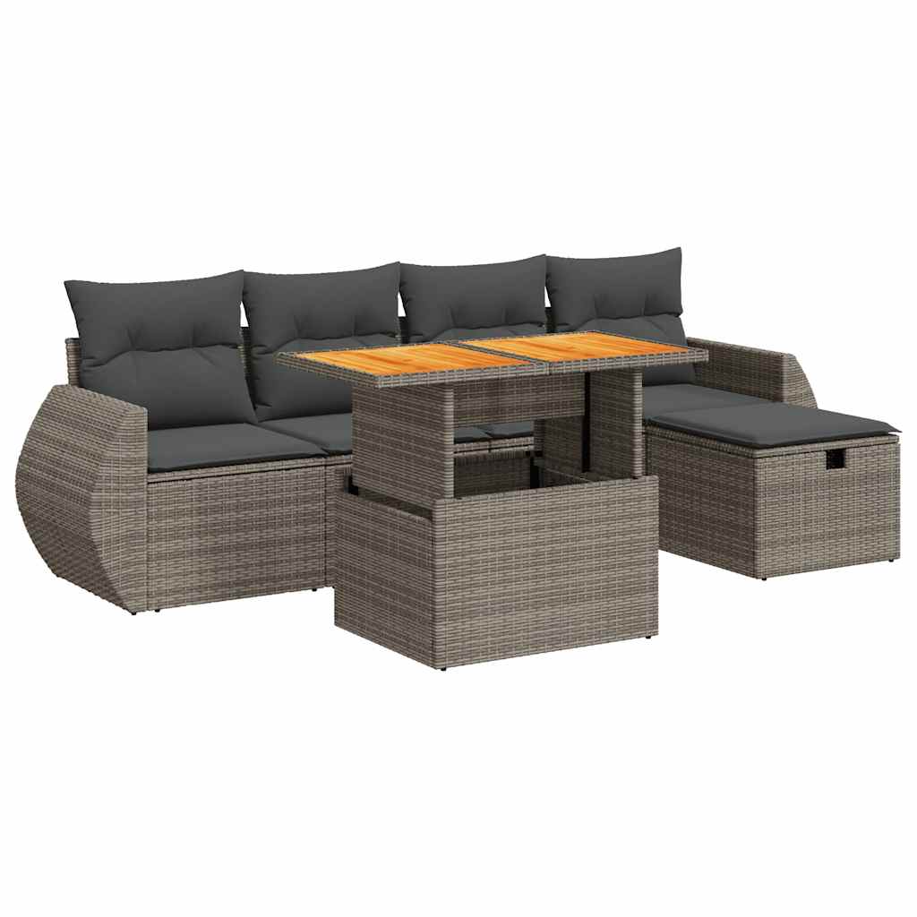 Grey colour - 6 Piece Garden Sofa Set with Cushions Grey Poly Rattan Acacia - Outdoor Comfort