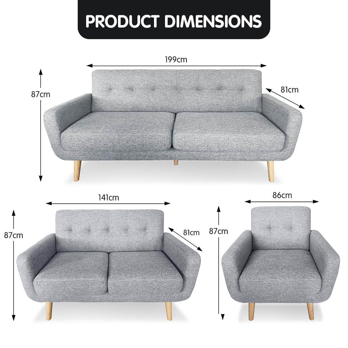 6-Seater Linen Sofa Set Couch Futon - Light Grey
