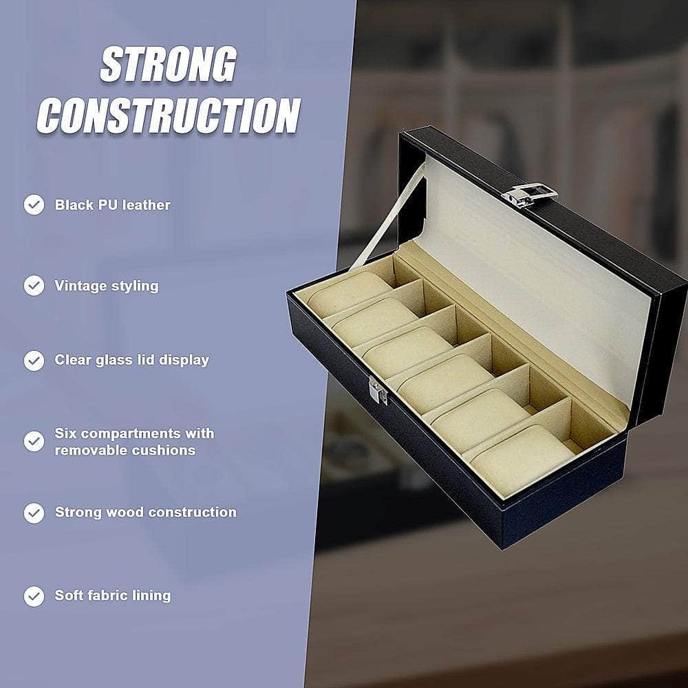 6 Slot Mens Watch Display Case Box Black Pu Leather