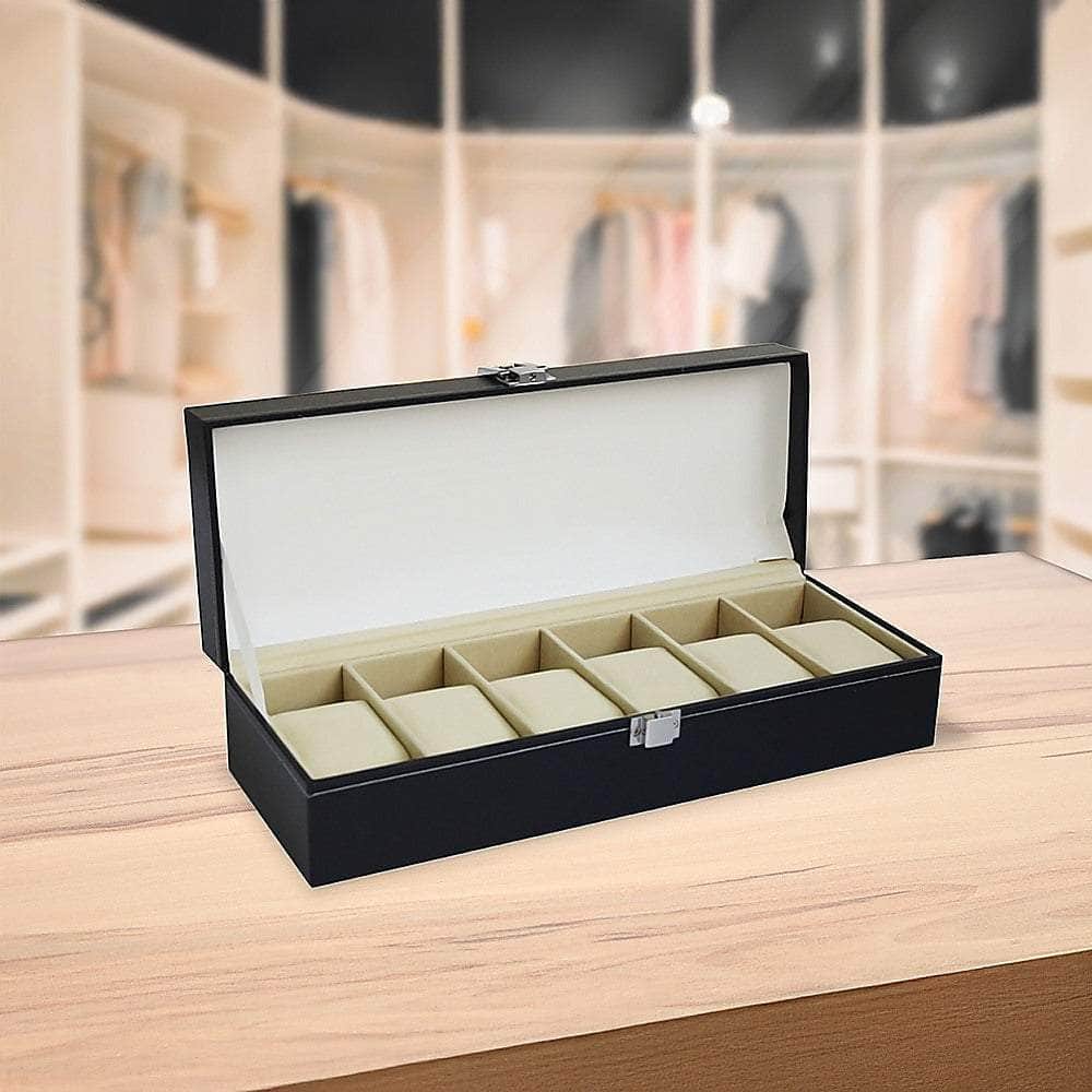 6 Slot Mens Watch Display Case Box Black Pu Leather