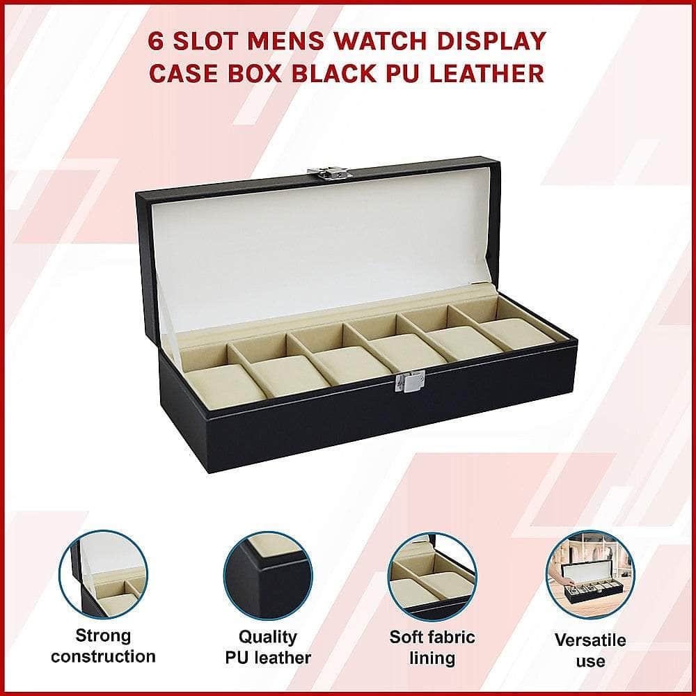 6 Slot Mens Watch Display Case Box Black Pu Leather