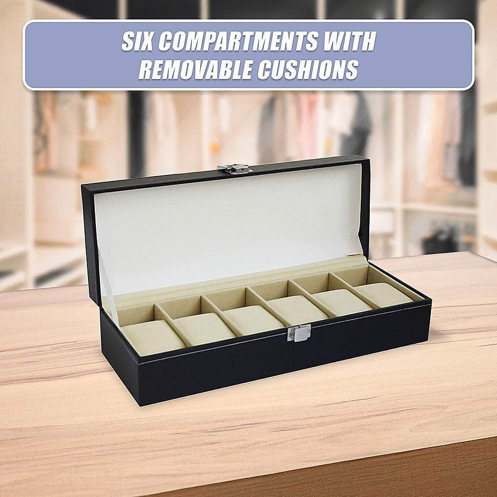 6 Slot Mens Watch Display Case Box Black Pu Leather