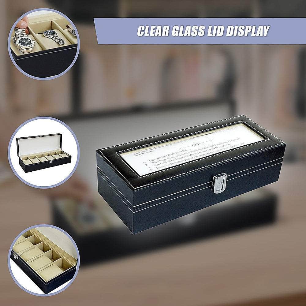 6 Slot Mens Watch Display Case Box Black Pu Leather